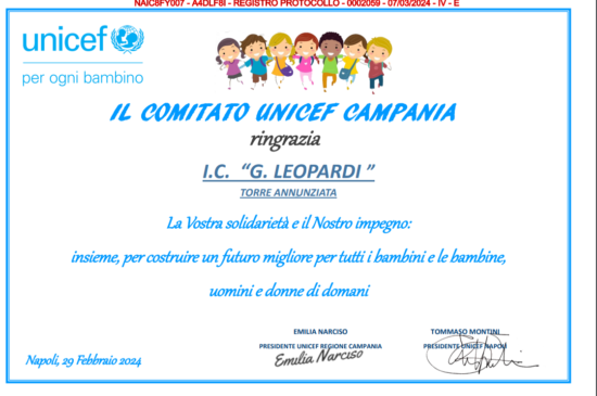 ATTESTATO UNICEF: La vostra solidarietà e il nostro impegno: insieme, per costruire un futuro migliore per tutti i bambini. GRAZIE